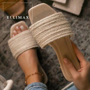 NEW🔥 Natural Woven Jute Raffia Slides Flat Sandal Flip Flops Square Open Toe